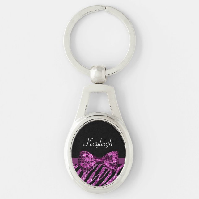 Chic Lila Zebra Print IMITATE Glitz Bow mit Namen Schlüsselanhänger (Vorderseite)