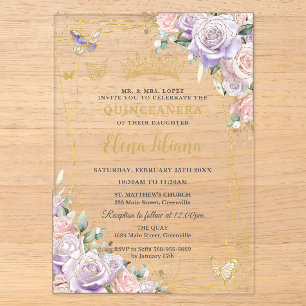 Chic Lilac Blush Rose Quinceanera Sweet 16 Acryleinladungen