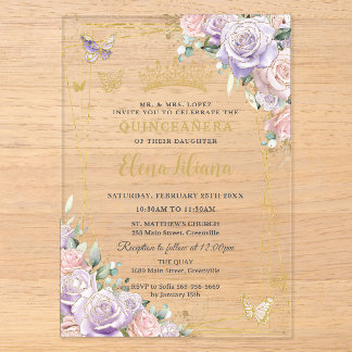 Chic Lilac Blush Rose Quinceanera Sweet 16 Acryleinladungen