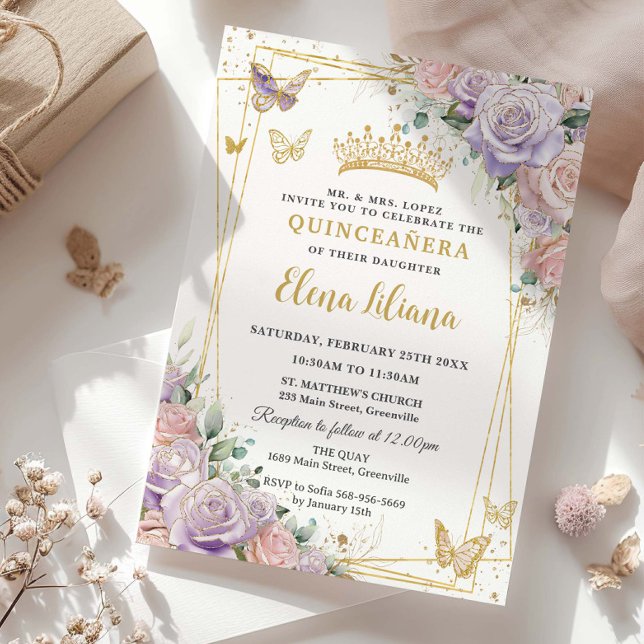 Chic Lilac Blush Rose Quinceanera Sweet 16 Einladung (Von Creator hochgeladen)