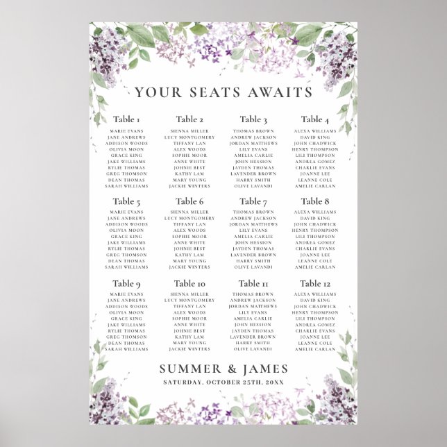 Chic Lilac Lila Floral Wedding Chart Poster (Vorne)