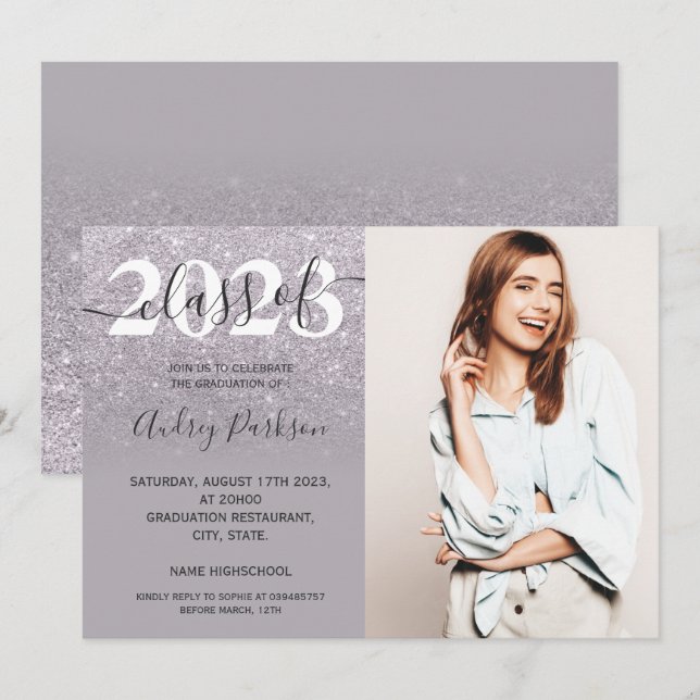 Chic lilac lila Glitzer ombre Foto Abschluss Einladung (Vorne/Hinten)
