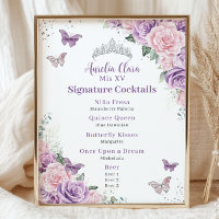 Chic Lilac Pink Floral Quinceanera Bar Drink Menü