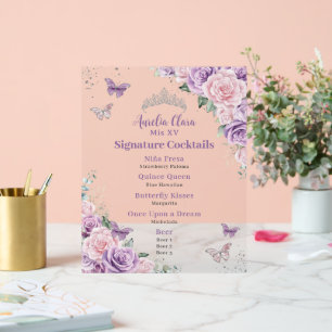 Chic Lilac Rose Floral Quinceanera Bar Menu Boisso