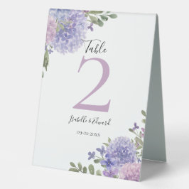 Chic Lilac und Blue Hydrangea Floral Wedding Guest Tischaufsteller