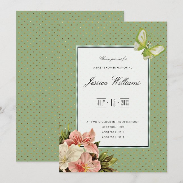 Chic Lilies & Gem Butterfly Babydusche Einladung (Vorne/Hinten)