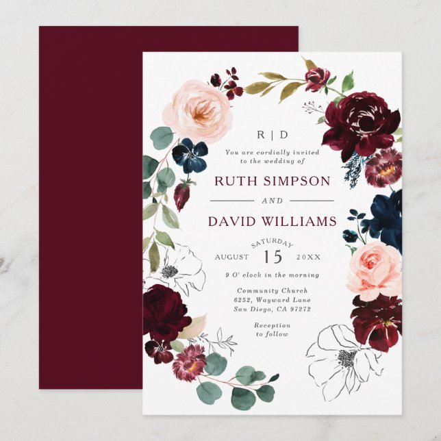 Chic Line Art Burgundy Navy Blumenblossom Hochzeit Einladung (Vorne/Hinten)