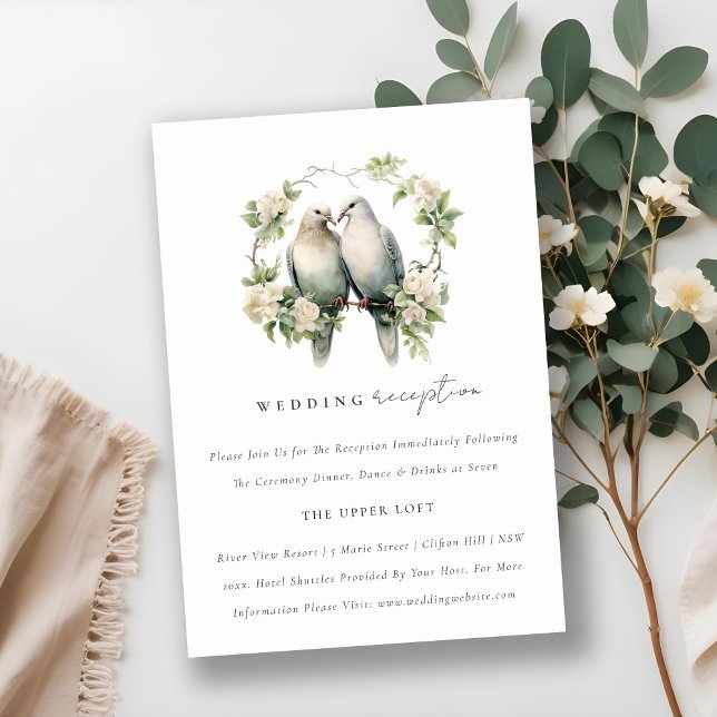 Chic Love Birds Botanischer Kranz Hochzeit Empfang Begleitkarte (Von Creator hochgeladen)