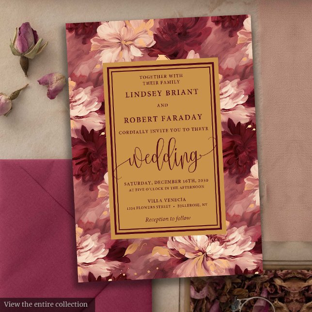 Chic Lux Burgundy Blush Gold Floral Wedite Einladu Einladung (Chic Lux Burgundy Blush Gold Floral Wedding Invitation)