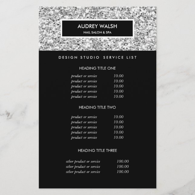 Chic Luxe Silver Glitzer Salon Pricing & Services Flyer (Vorne)