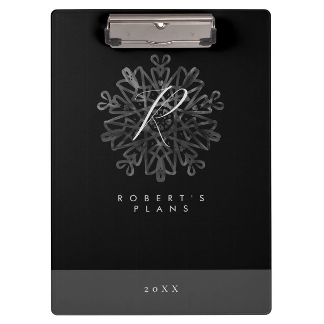Chic luxuriös Schwarz-Weiß verziert mit Monogramm Klemmbrett (Vorderseite)