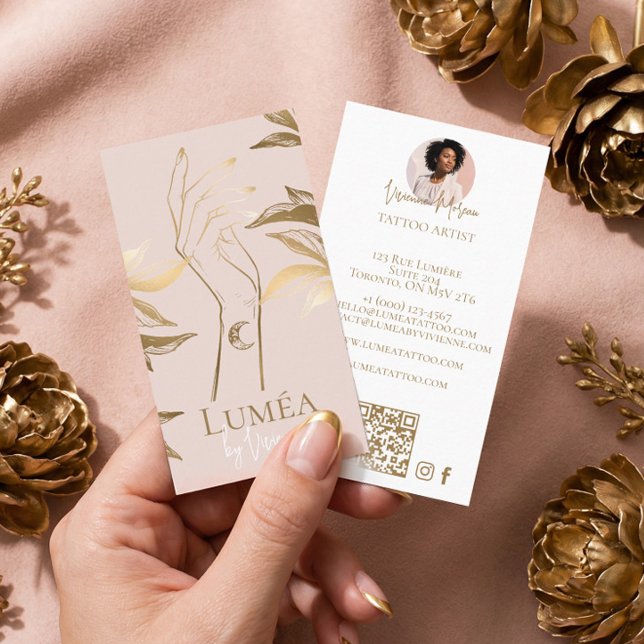 Chic Luxury Blush Pink Gold Tattoo Studio Artist Visitenkarte (Chic Luxury Blush Pink Gold Tattoo Studio Artist Business Card)