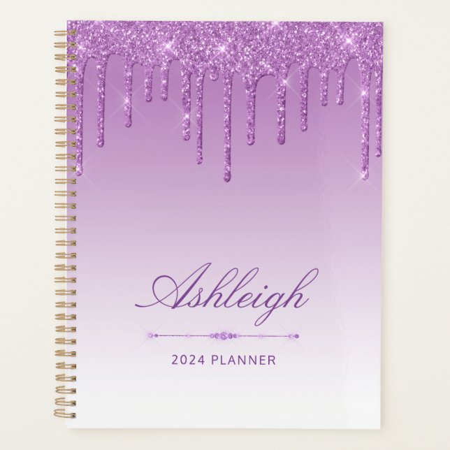 Chic Luxury Glitzer Tropfen Lila 2024 Planer (Vorderseite)