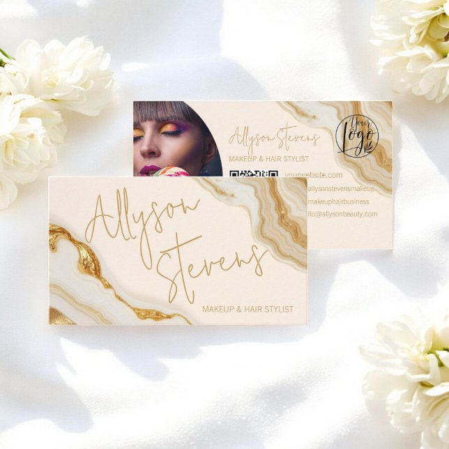Chic Luxury Gold Marble Makeup & Hair Stylist Qr Visitenkarte (Chic Luxury Gold Marble Makeup & Hair Stylist Qr Business Card)