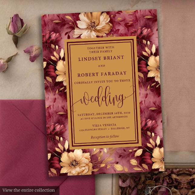 Chic Luxury Merlot Gold Floral Wedding Einladung (Chic Luxury Merlot Gold Floral Wedding Invitation)