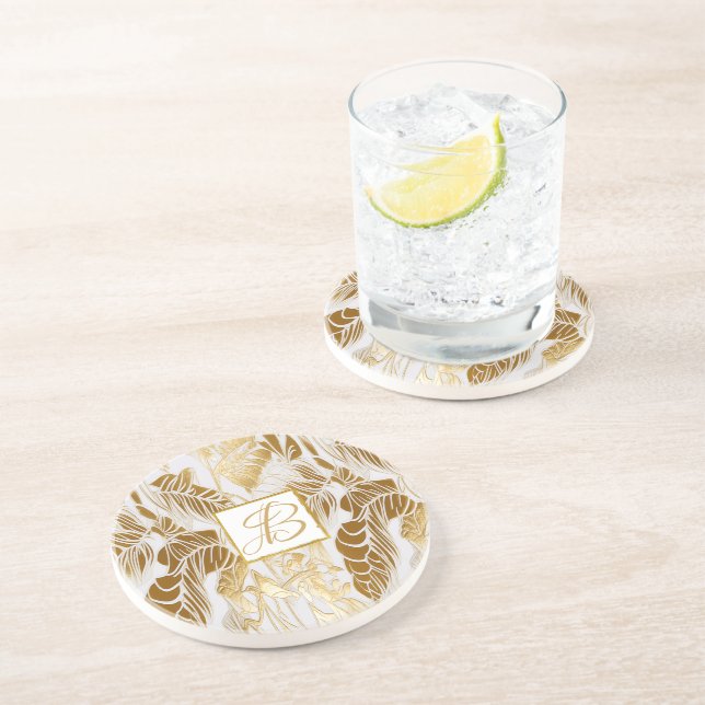 Chic Luxury Mit Monogramm Monstera Leaf Getränkeuntersetzer (Seite)