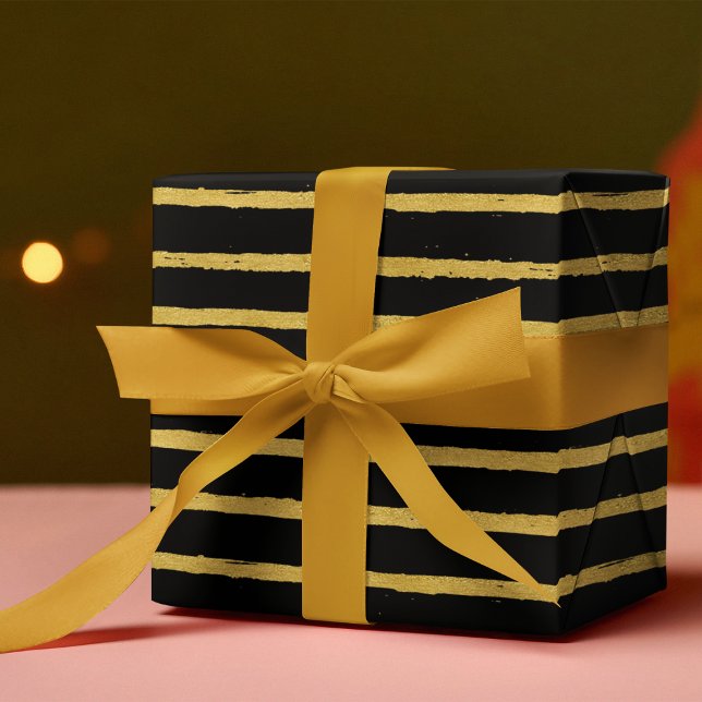 Chic Luxury Striped Black & Gold Geschenkpapier (Von Creator hochgeladen)