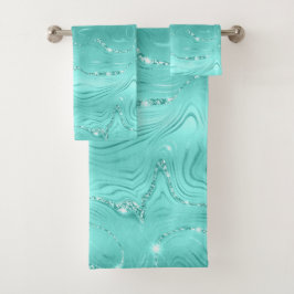 Chic Luxury Turquoise Silver Glitzer Badhandtuch Set