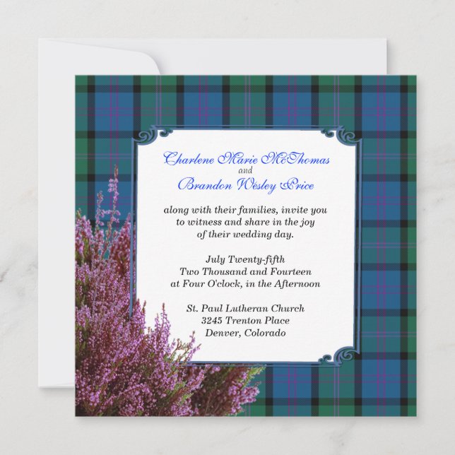Chic MacThomas Tartan Kariert Heather Wedding Einladung (Vorderseite)