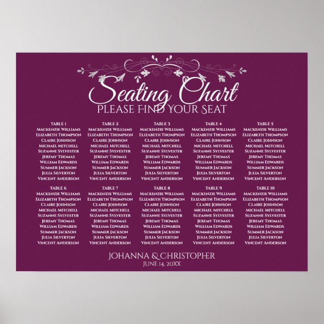 Chic Magenta Pflaume 10 Tisch Hochzeit Sitzplan Poster (Vorne)