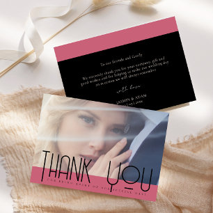Chic Magenta Pink Schwarz Foto Hochzeit  Dankeskarte