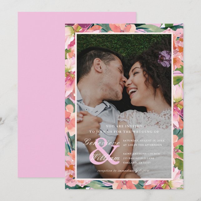 Chic Magenta Rosa Foto Hochzeit Einladung (Vorne/Hinten)