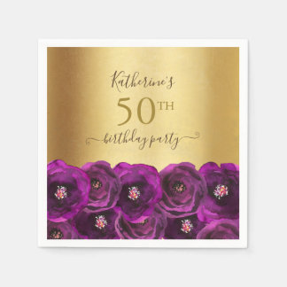 Chic Magenta Rose Floral Gold 50th Birthday Party Serviette