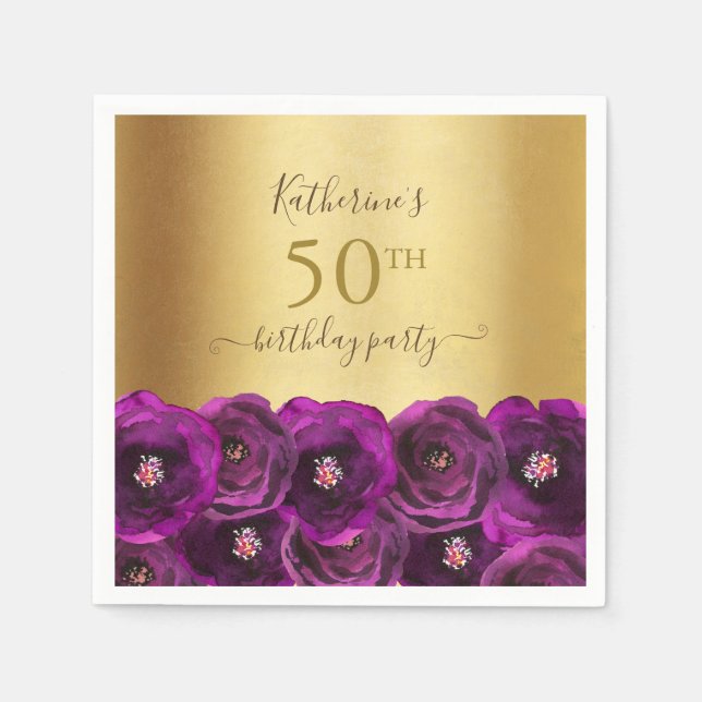 Chic Magenta Rose Floral Gold 50th Birthday Party Serviette (Vorderseite)