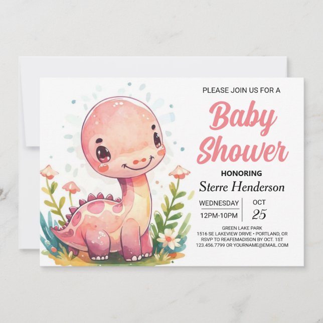 Chic Magical Printable Dinosaur Girl Baby Dusche Einladung (Vorderseite)