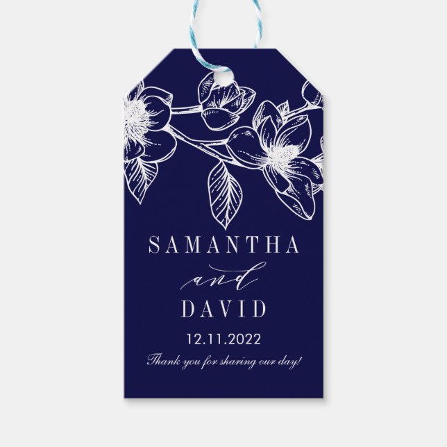 Chic Magnolia Blume | Blue Wedding Geschenkanhänger (Vorderseite)