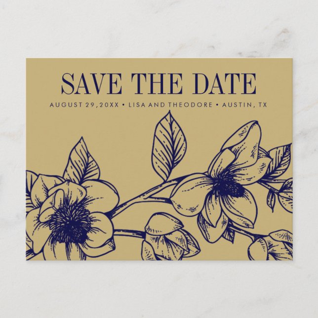 Chic Magnolia Blume | Gold | SAVE THE DATE Ankündigungspostkarte (Vorderseite)