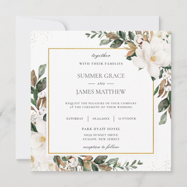 Chic Magnolia Blumengarten Hochzeitsplatz Einladung (Vorderseite)
