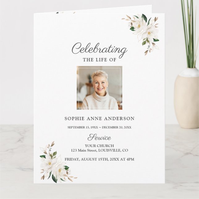 Chic Magnolia Floral Funeral Service Programme Pho (Devant)