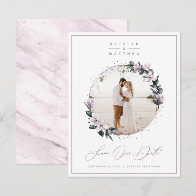 Chic Magnolia Floral & Mauve Circle Gerahmtes Foto Save The Date (Vorne/Hinten)