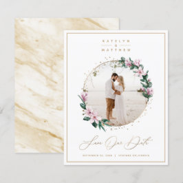 Chic Magnolia Floral mit Gold Circle Gerahmtes Fot Save The Date