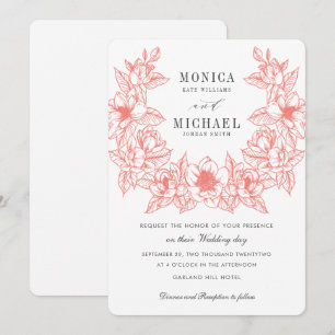 Chic Magnolia Wreath   Korallen   Hochzeit Einladung
