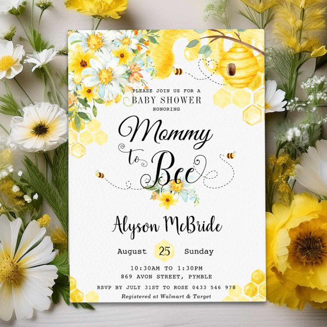 Chic Mama to Bee Yellow Floral Baby Shower Neutral Einladung (Von Creator hochgeladen)