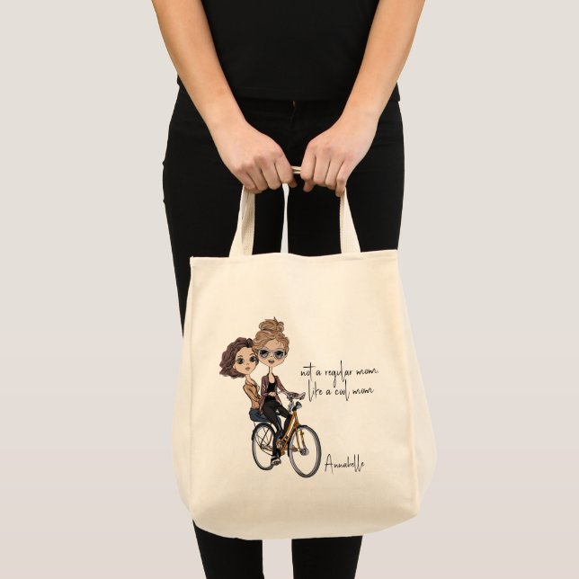 Chic Mama/Tochter auf dem Fahrrad Zeichnend "Coole Tragetasche (Vorderseite (Produkt))