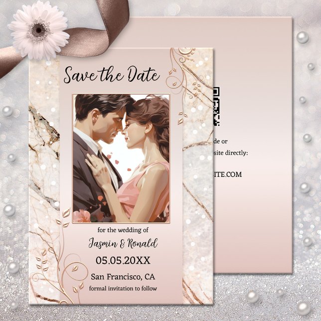 Chic Marble Blush Pink Photo Enregistrer la carte  (Save the Date card featuring your photo framed by rose gold metallic floral swirls on pink marble)