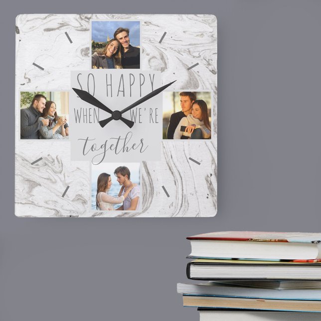 Chic Marble Foto Collage Happy Together Quadratische Wanduhr (Photo Clock for romantic couples, friends and family)