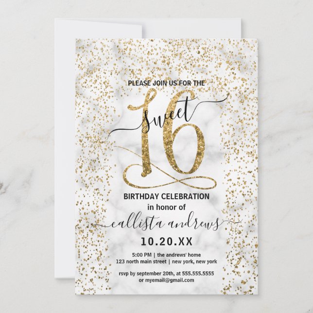 Chic Marble Gold Confetti Border Sweet 16 Einladung (Vorderseite)