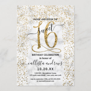 Chic Marble Gold Confetti Border Sweet 16 Einladung