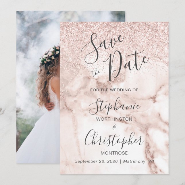 Chic Marble Rose Gold Glitzer Foto Save the Date Einladung (Vorne/Hinten)