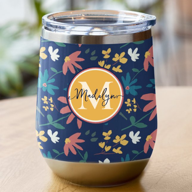 Chic Marine Jaune Monogramme Motif Floral Personna (Monogram navy blue with colorful floral pattern wine tumbler.)