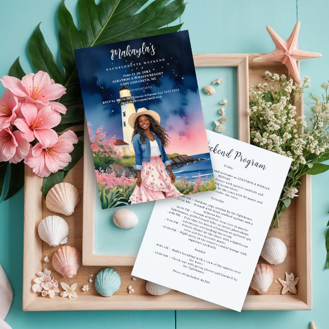 Chic Marine Landscape Lighthouse Afroamerican Girl Einladung (Chic Marine Landscape Lighthouse Afro American Bride To Be Bachelorette Weekend Invitations Cards.)