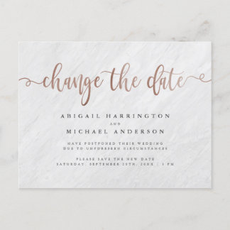 Chic Marmor & Rose Gold Script ändern das Datum Einladungspostkarte