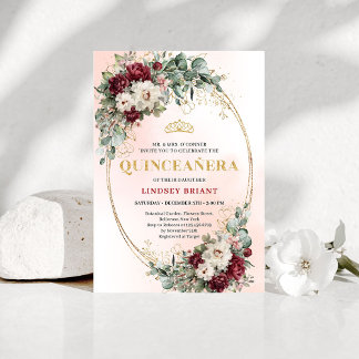 Chic Maroon Peony Eucalyptus 15th Birthday Invite Einladung