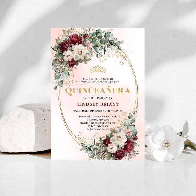 Chic Maroon Peony Eucalyptus 15th Birthday Invite Einladung (Chic Maroon Peony Eucalyptus 15th Birthday Invite

)