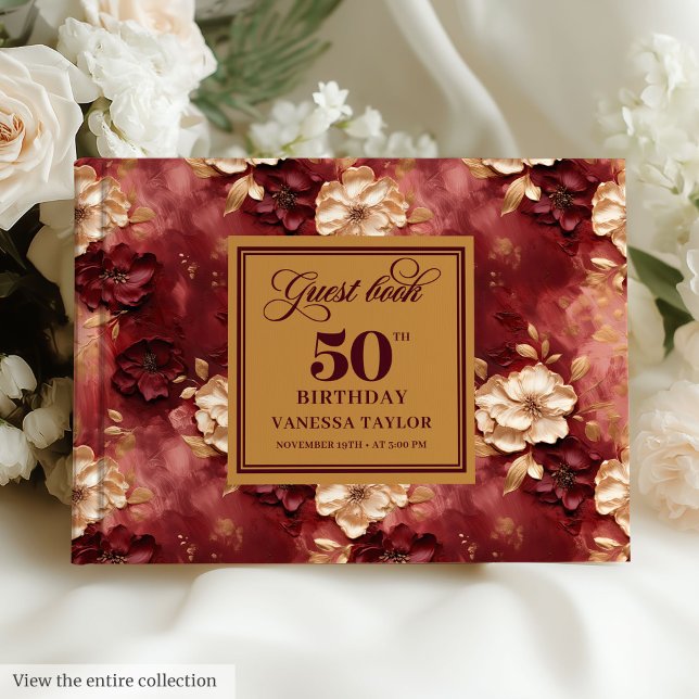 Chic Marsala Blush Gold Blume 50. Geburtstag Gästebuch (Chic Marsala Blush Gold Flowers 50th Birthday Guest Book )