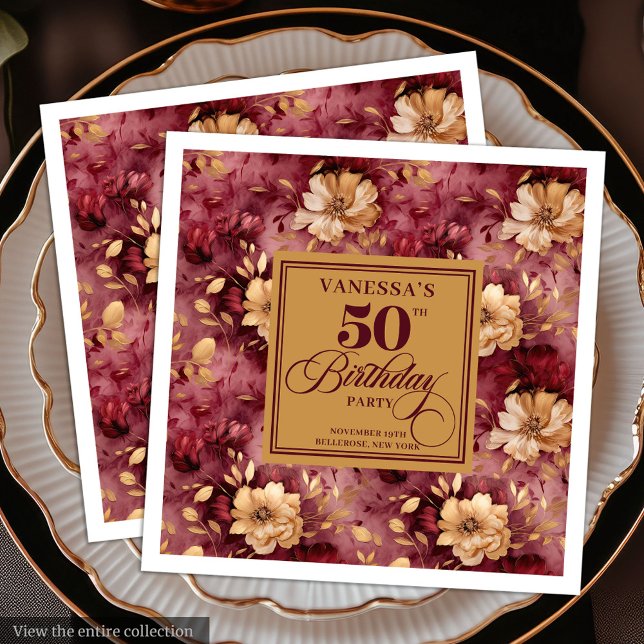 Chic Marsala Blush Gold Blume 50. Geburtstag Serviette (Chic Marsala Blush Gold Flowers 50th Birthday Paper Dinner Napkins)